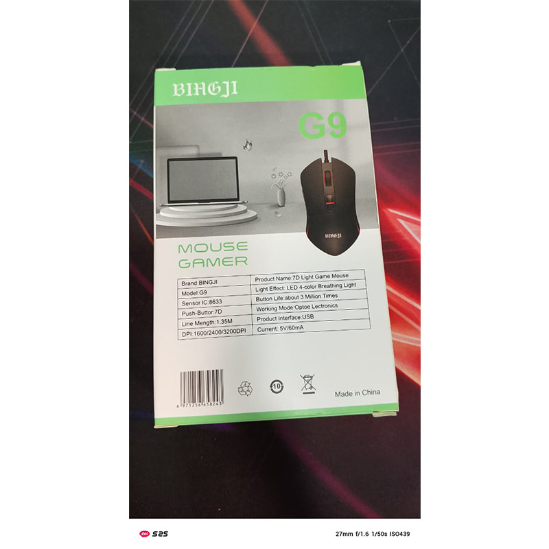 Picture of BINGJI G9 gaming mouse, which is designed for gamers and has several features:-Multicolor