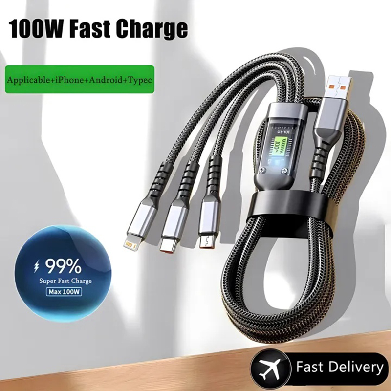 Picture of 3-in-1 fast charging cable, likely the Moxx MDC-6C, which offers versatile charging for multiple devices simultaneously. -Multicolor