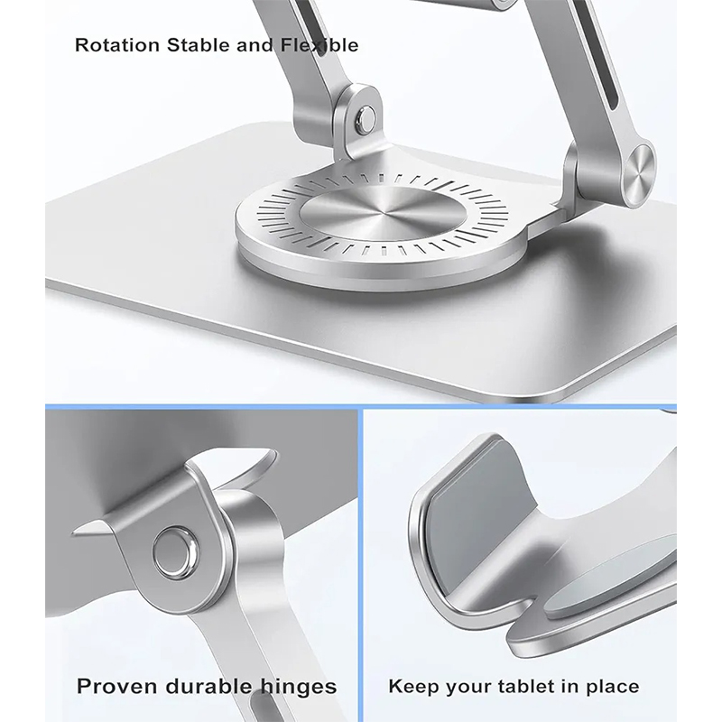 Picture of COOLCOLD Tablet Stand, 360 Rotating Portable Aluminum Adjustable Folding Tablet Stand Holder for I Pad, Tablet, Smartphones, Flexible Rotation Stand for Bad, Table, Office, Home Floor Stand (Grey)-Silver
