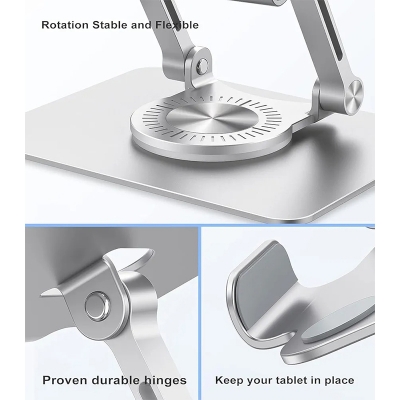 Picture of COOLCOLD Tablet Stand, 360 Rotating Portable Aluminum Adjustable Folding Tablet Stand Holder for I Pad, Tablet, Smartphones, Flexible Rotation Stand for Bad, Table, Office, Home Floor Stand (Grey)-Silver