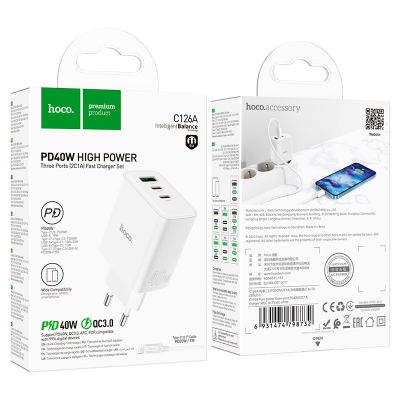 Picture of Hoco C126A PD40W High Power Fast Charger with three ports (2C1A-Multicolor