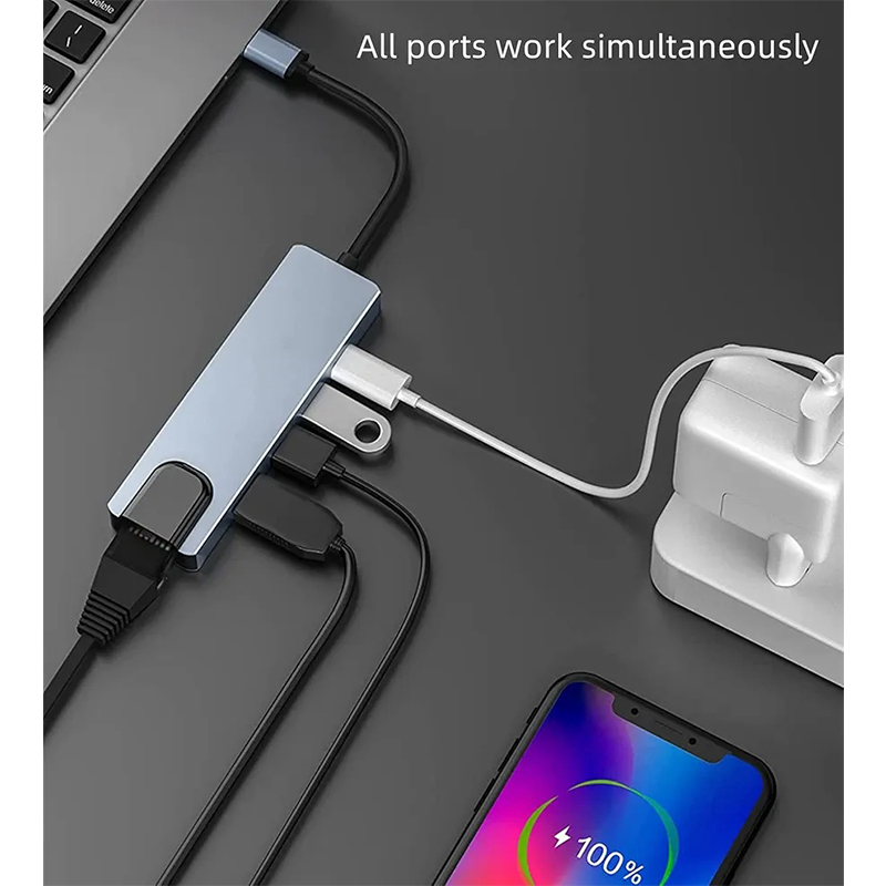 Picture of Typ c  5 in 1 USB C Docking Station with 4K HDMI, RJ45 Ethernet, USB3.0, 100W PD, Compatible with MacBook Pro/Air, IPad Pro, IPad Mini 6, Surface Pro and More Type C Devices-Silver