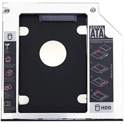 Picture of 9.5mm SATA HDD/SSD caddy. It's designed to replace a laptop's optical drive, allowing for the installation of a second 2.5-inch hard drive or solid-state drive