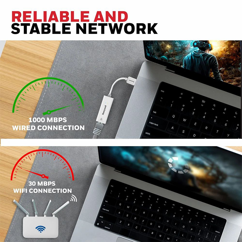 Picture of Type-C Ethernet Adapter, which allows for a high-speed network connection for laptops or desktops via a USB port-Black