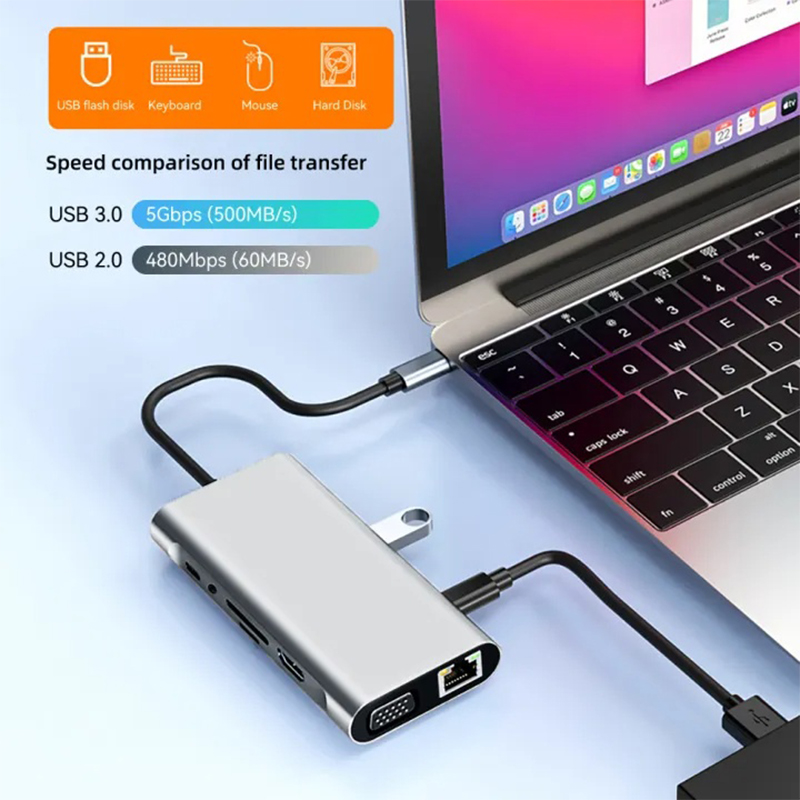 Picture of Type  C Hub 11 In 1 Type C 4K HDMI Adapter with RJ45 SD/TF Card Reader PD Fast Charge Docking Station for MacBook Laptop Computer-Silver