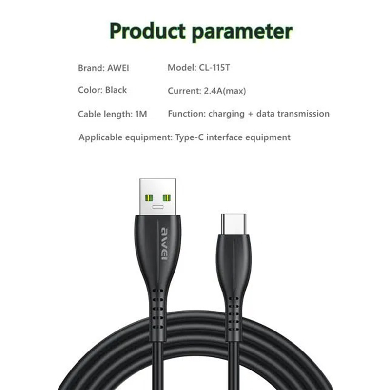 Picture of A-w-e-i CL-115 USB Type C/Lighting/Micro Cable 2.4A Fast Charging Wire Cord Quick Charge elitist-Black