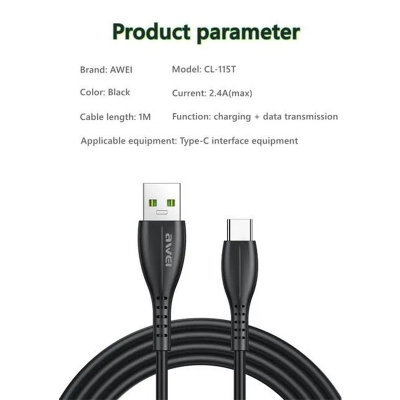 Picture of A-w-e-i CL-115 USB Type C/Lighting/Micro Cable 2.4A Fast Charging Wire Cord Quick Charge elitist-Black