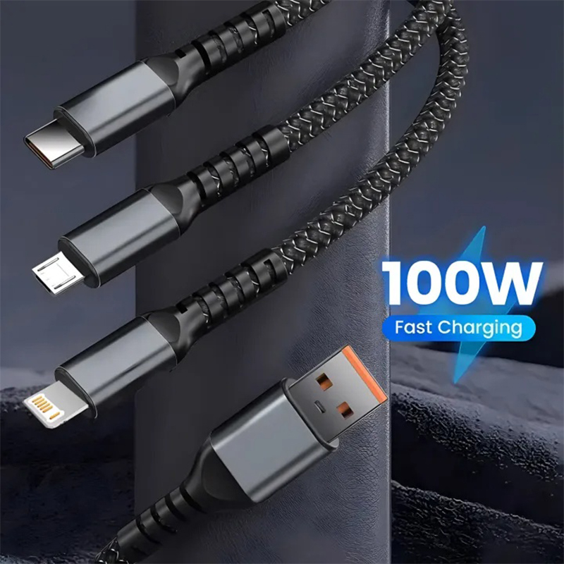Picture of 3-in-1 fast charging cable, likely the Moxx MDC-6C, which offers versatile charging for multiple devices simultaneously. -Multicolor