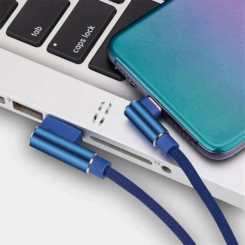 Picture of Two Plus brand data cable specifically an elbow-shaped (angled) data cable for iOS devices, suitable for both charging and data transfer. -Black