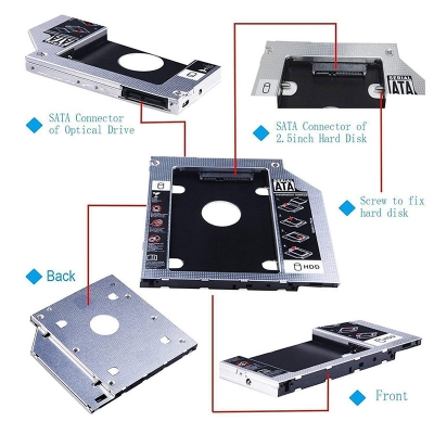 Picture of 9.5mm SATA HDD caddy, which is a device used to install a second hard drive or SSD in a laptop's optical drive bay. -16TB