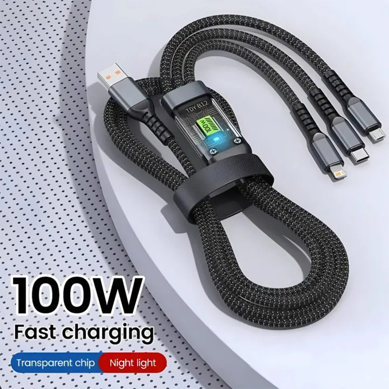 Picture of 3-in-1 fast charging cable, likely the Moxx MDC-6C, which offers versatile charging for multiple devices simultaneously. -Multicolor