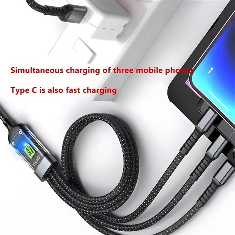 Picture of 3-in-1 fast charging cable, likely the Moxx MDC-6C, which offers versatile charging for multiple devices simultaneously. -Multicolor
