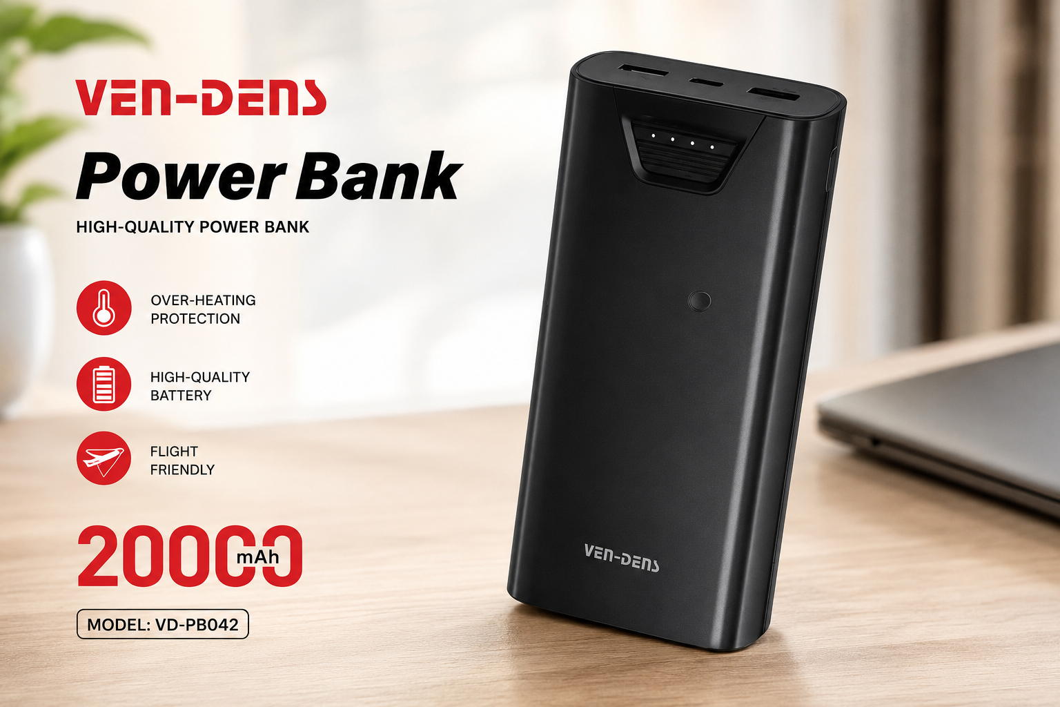 Picture of Ven-Dens VD-PB042 Power Bank 20000mAh – Dual Output, Fast Charge, Wide Compatibility