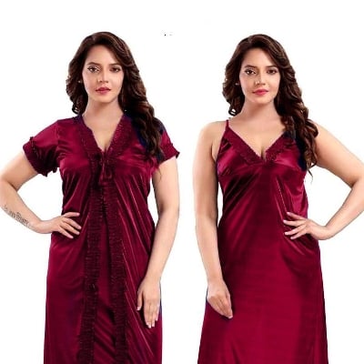 Picture of Fashionable 2 Part Nighty Ladies Sexy Silk Satin Night Dress Set - Night Dress For Women-Int: One size