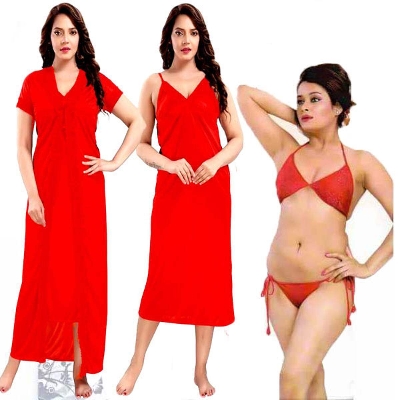 Picture of 4 Piece Women Fashionable Nightwear Night Dress for Women 4 Part Long Four Part Satin Solid Women Nighty Set - Night Dress For Women-Int: One size