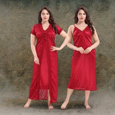 Picture of Higher Quality Silk Cotton for Women Made of Dark Elegant Blue Colored Indian Silk Cotton Two Pieces Night Dress Stylish Indian Night Gown-Int: One size