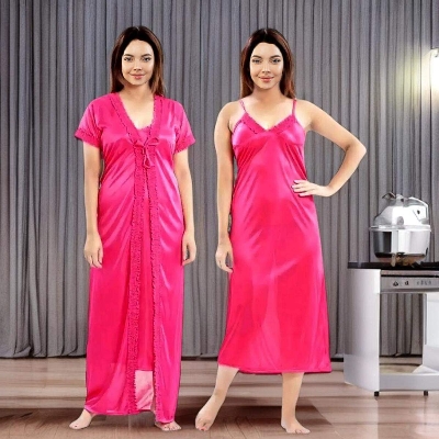 Picture of Silk Two Part Nighty for Women - Hpt Pink Color - Night Robe - Casual Sleepwear - Pretty Night Dresses - Comfortable Night Wear for All Seasons-Int: One size