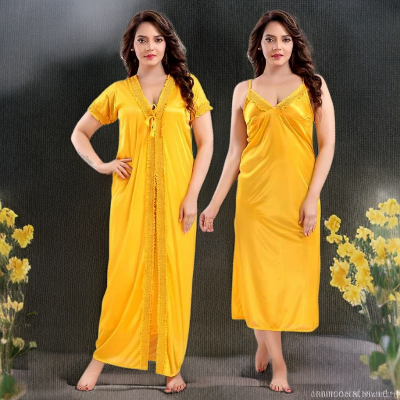 Picture of Silk Two Part Nighty for Women - Gold Color - Night Robe - Casual Sleepwear - Pretty Night Dresses - Comfortable Night Wear for All Seasons-Int: One size