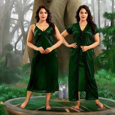 Picture of Silk Two Part Nighty for Women - Green Color- Night Robe - Casual Sleepwear - Pretty Night Dresses - Comfortable Night Wear for All Seasons-Int: One size