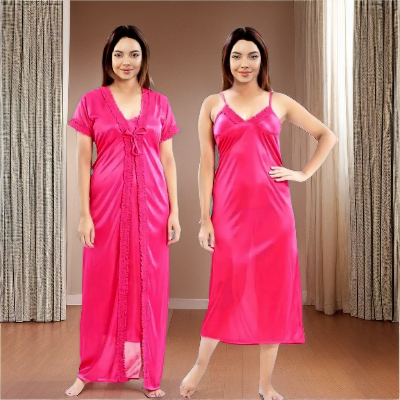 Picture of Silk Two Part Nighty for Women - Hotpink Color- Night Robe - Casual Sleepwear - Pretty Night Dresses - Comfortable Night Wear for All Seasons-Int: One size