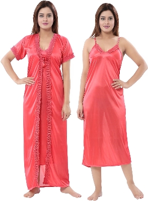 Picture of Silk Two Part Nighty for Women - Peach Color- Night Robe - Casual Sleepwear - Pretty Night Dresses - Comfortable Night Wear for All Seasons-Int: One size