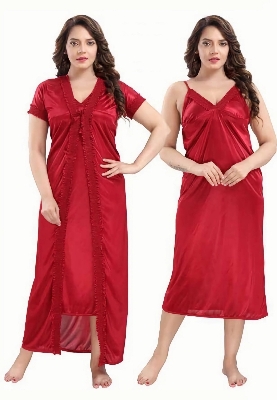 Picture of Fashionable 2 Part Nighty Ladies Silk Satin Night Dress Set - Night Dress For Women-Int: One size