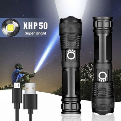Picture of Rechargeable Zoom LED Flashlight USB Torch Light Black