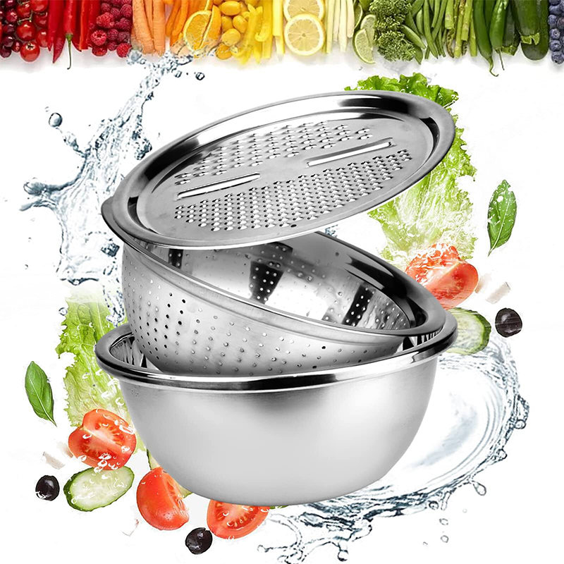Picture of 3 In 1 Stainless Steel Drain Basket Vegetable Cutter Silver