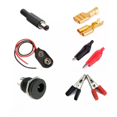 Picture of Combo connector s. Dc Jack, Dc panel Mounts socket,6.3mm Female wire spade connector 2 piecs, Alligator clip 2 Types 4 piece & 9 Volt Battery connector - Silver