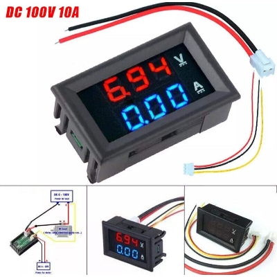 Picture of DC 0-200V 10A Digital Voltmeter Ammeter - Blue + Red LED Dual Display - Measures Car Voltage and Current for Automotive Use - Black