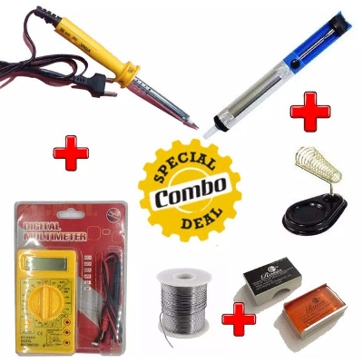 Picture of Soldering Tools Kit Combo (60W Iron+Digital Multi Meter+Desoldering Pump+Soldering Wire+Stand+Rosin) - Soldering Iron - Yellow