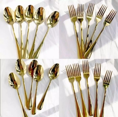 Picture of Exclusive 12 Pcs Golden Plated Stainless Steel Cutlery Spoon Set. 6 Pcs Fork Spoon & 6 Pcs Tea Spoon.Dessert Spoon, Coffee Spoon,Golden Teaspoon,Spoon Silverware. - Gold