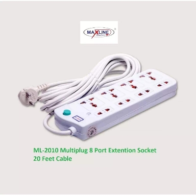 Picture of Multi Plug Maxline ML-2010 Multiplug 8 Port Extention Socket 20 Feet Cable - White
