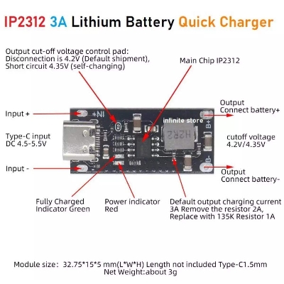 Picture of USB Type C 3A High Current IP2312 Polymer Ternary Lithium Battery Quick Fast Charging Board Charger Module Smart Home replace TP4056 ETA4096