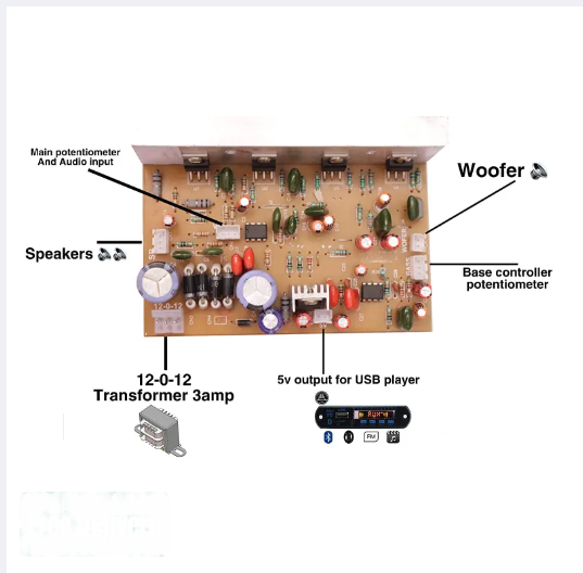 Picture of 2030 4 IC Home Theater Kit Amplifier Circuit with Bass Boost and Treble Support, TDA2030 Based, 120W, 12V DC, 2.1 Sound System, Subwoofer and Speaker Connectivity
