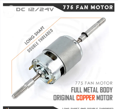 Picture of 775 12V DC Fan Motor with Long Shaft and Double Threaded Coupler, High Speed, Heavy Duty, Full Metal Body, Original Copper Core Motor.