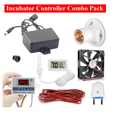 Picture of Combo for DIY Incubator W3001 12V DC Digital Temperature Controller with 12v 2amp Adapter, Lcd Temperatur Meter, Temperatur XH-W3001 Controller, 5 inc 12v Coller Fan, Light Holder, 2 Pin Plug, 2m Cable, 12v Female Jack. incubator controller combo pack - 220 gm