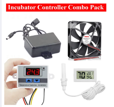 Picture of Combo for DIY Incubator W1209 12V DC Digital Temperature Controller with 12v 2amp Adapter, Lcd Temperatur Meter, Temperatur XH-W3001 Controller, near 4 inc 12v Coller Fan. incubator controller combo pack - 200 gm