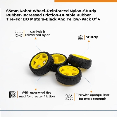 Picture of Robotic Wheel 65x25mm Smart RC Car Robot Wheel for DC 3V-6V Drive Gear Motor ( 4 Pcs), Yellow Plastic Robotics Wheel With Durable Rubber Tier Robotic Wheel, for Arduino DIY Project.