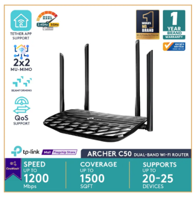 Picture of TP-Link Archer C50 Black AC1200 Wi-Fi Dual Band Router, 4 x 10/100 Mbps Fast Ethernet Ports, Supports MU-MIMO, Beamforming, Guest WiFi, Access Point Mode, IPv6 and Parental Controls - Black