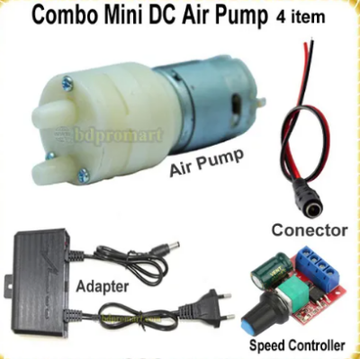 Picture of Combo 4pcs Complite Set with DC Air Pump, Adapter, Speed Controller, Conector - Vacuum Aip Pump Combo Set For Air and Gas Pumping - Multicolor