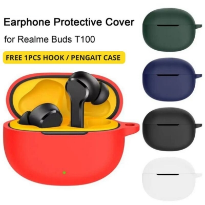 Picture of Realme Buds T100 Only cover Premium Artificial Carrying cover Shockproof Earbuds Protective Cover Box For Buds Soft Silicone Bluetooth Headphone Cover-Black
