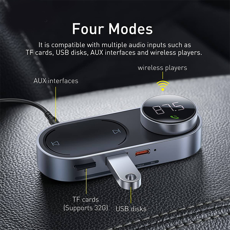 Picture of বেসিউস Solar Car FM Transmitter Bluetooth 5.0 Wireless Handsfree FM USB Car Charger Aux Bluetooth Audio MP3 Player-Black