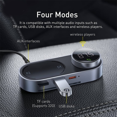 Picture of বেসিউস Solar Car FM Transmitter Bluetooth 5.0 Wireless Handsfree FM USB Car Charger Aux Bluetooth Audio MP3 Player-Black
