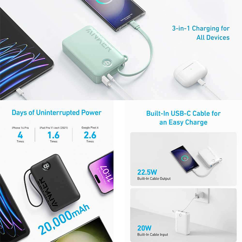 Picture of Anker A1647 Powercore 20000mAh 22.5W with Built-In USB-C Cable-Black
