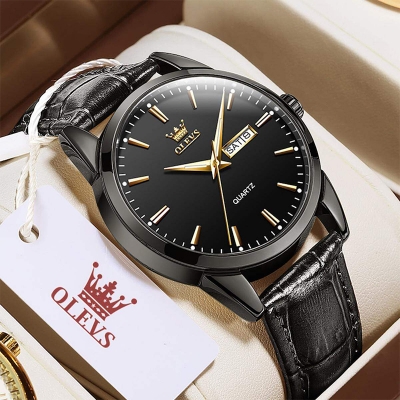 Picture of Olevs 6898 Top Brand Quartz Men Leather Strap Fashion Watch Date Watch Black