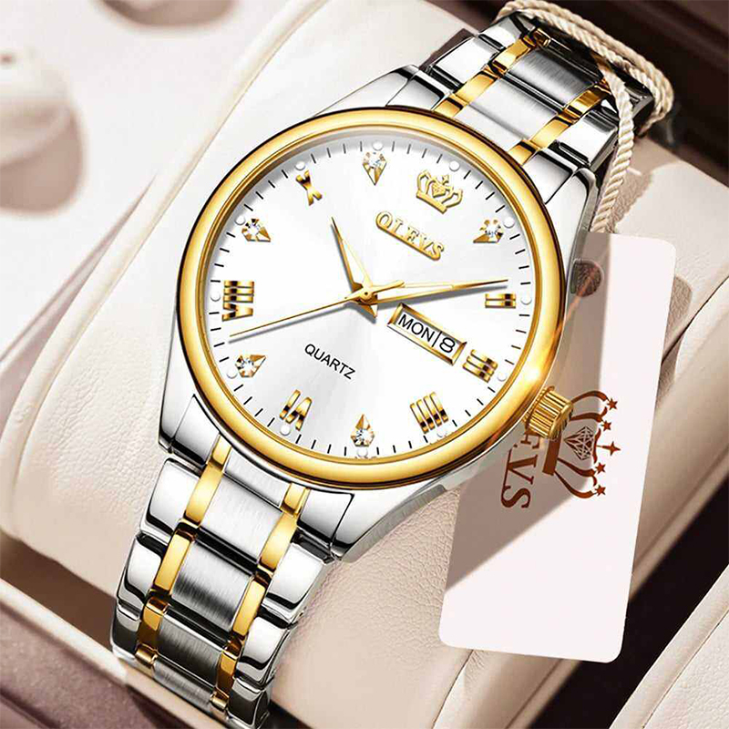 Picture of Olevs 5563 Silver & Golden Two Tone Stainless Steel Analog Wrist Watch For Men