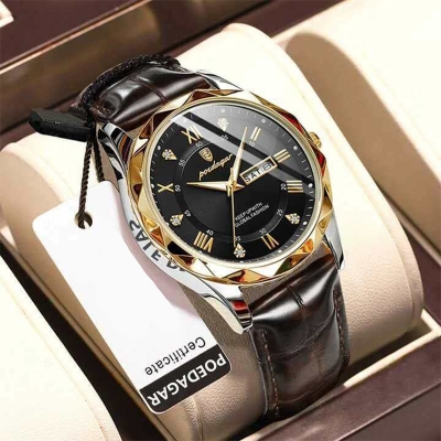 Picture of Poedaga New Business Quartz Watch with Leather Strap, Calendar and Night Light - Stylish Fashion Watch