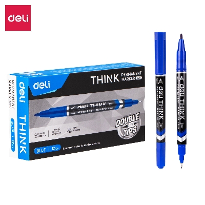 Picture of Deli U211-BL Double Tip Blue Color Permanent Marker - 12pcs-Blue