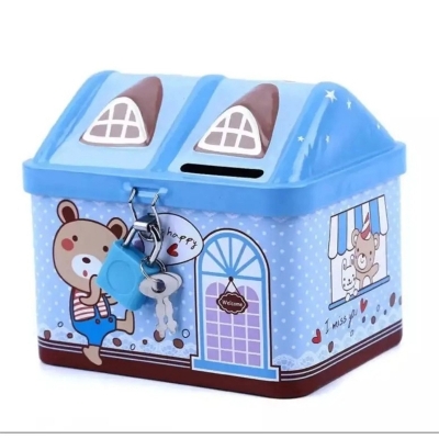 Picture of Metal House Shaped Coin Box Cartoon Kids Money Box Piggy Bank For Kids-Multicolor